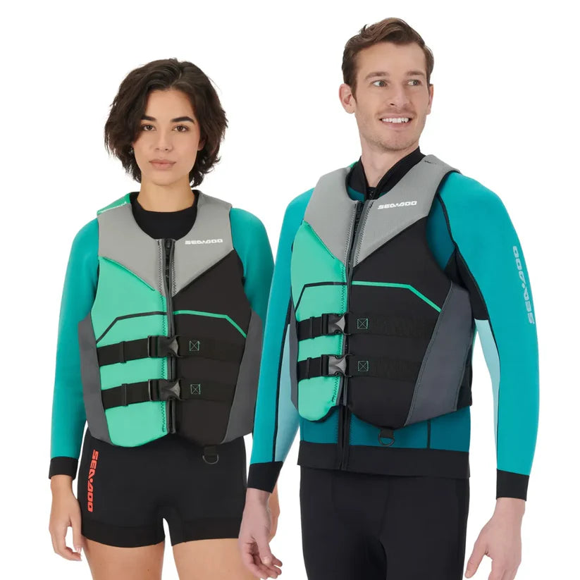 Sea-Doo Unisex Freedom PFD/Life Jacket, teal gray black color-block design; 2 jackets shown