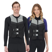 Sea-Doo Airflow PFD life jackets, gray with black panels and dual buckles; two shown