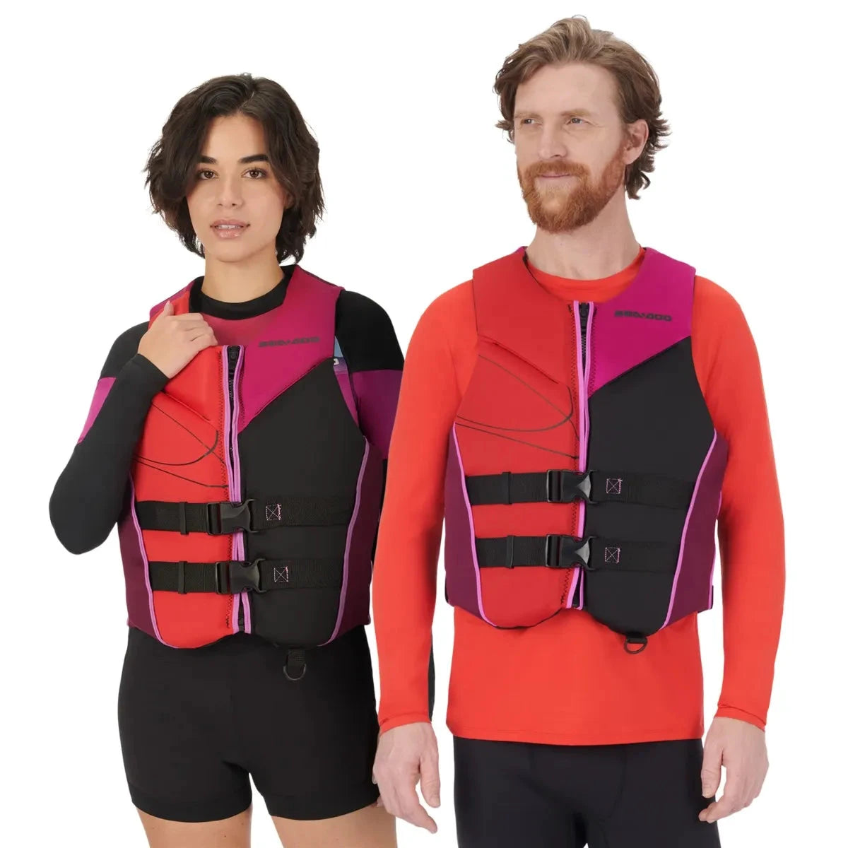 Sea-Doo Freedom Stream PFD Life Jacket Lava Red by BRP, shown on two people.
