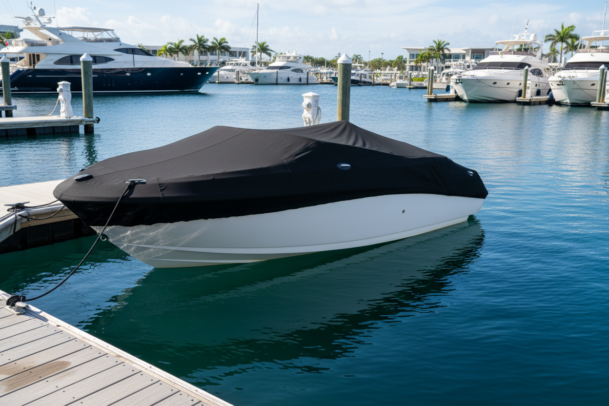 Sport boat cover for Sea-Doo 18' Utopia 185 by Outer Armor, black cover over white hull, moored at a dock.