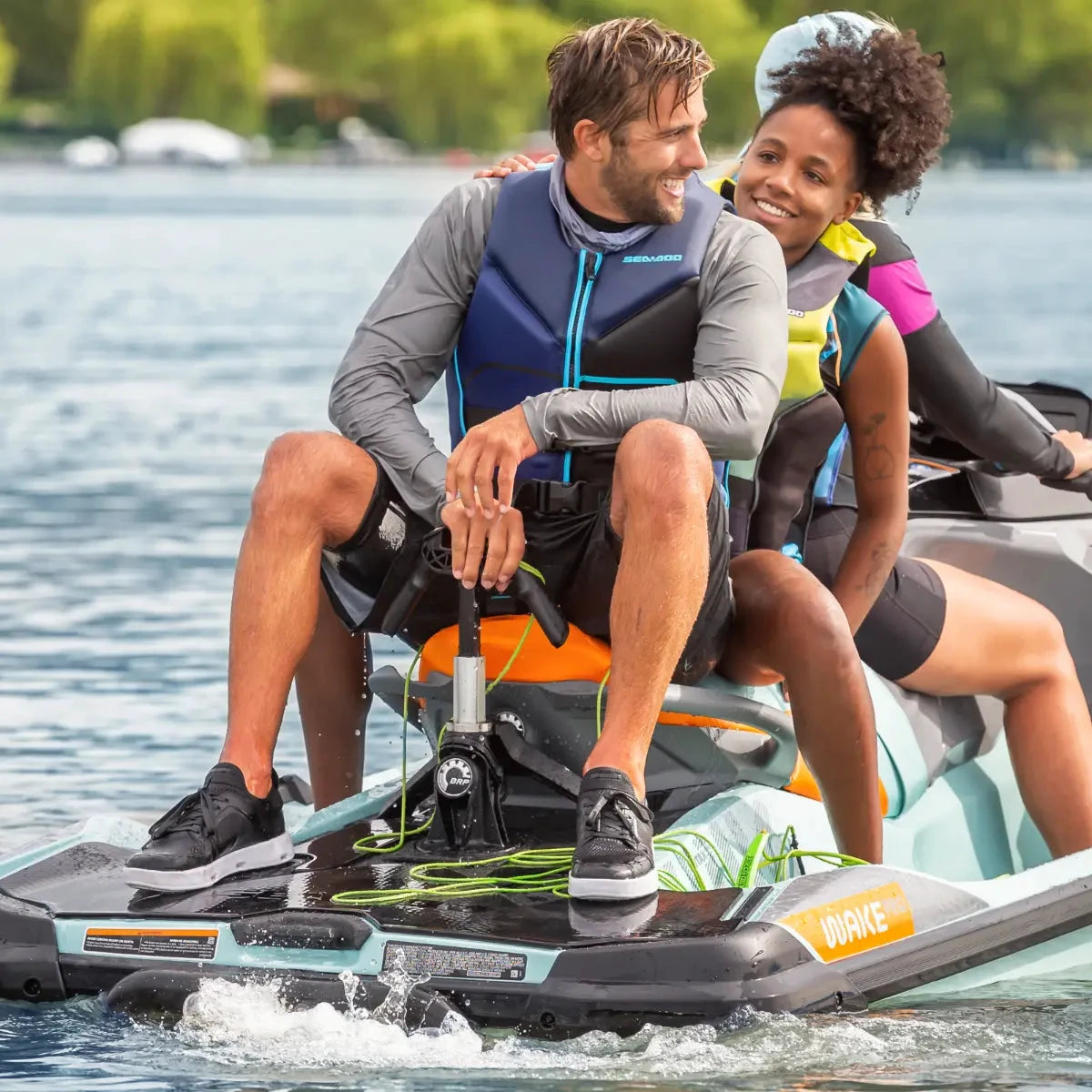 Sea-Doo LinQ Retractable Ski Pylon with gray/black mounting hardware on a watercraft